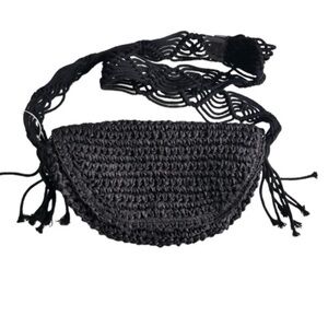 Primark Black Raffia Macrame Shoulder Strap Crossbody Bohemian Bag NWT
